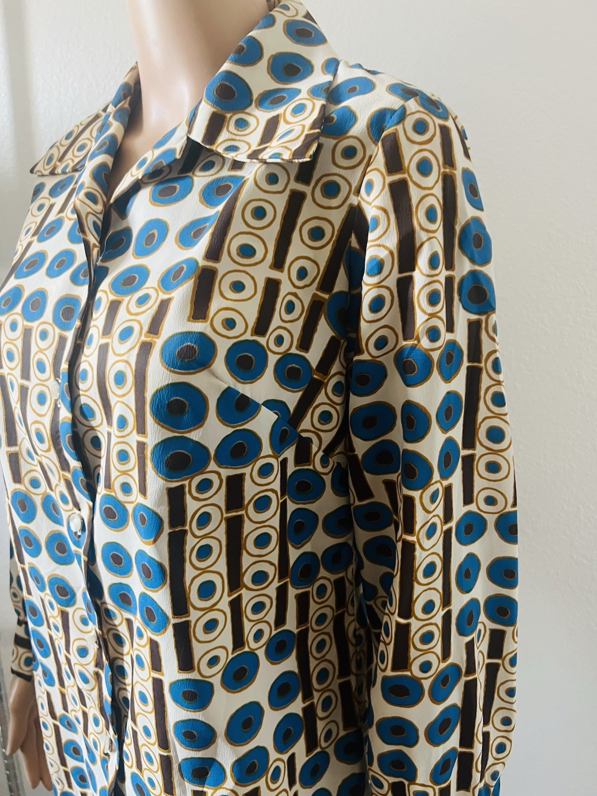 VTG 70s Disco Bold Geometric Circles Big Collar Blouse Graff Californiawear Top