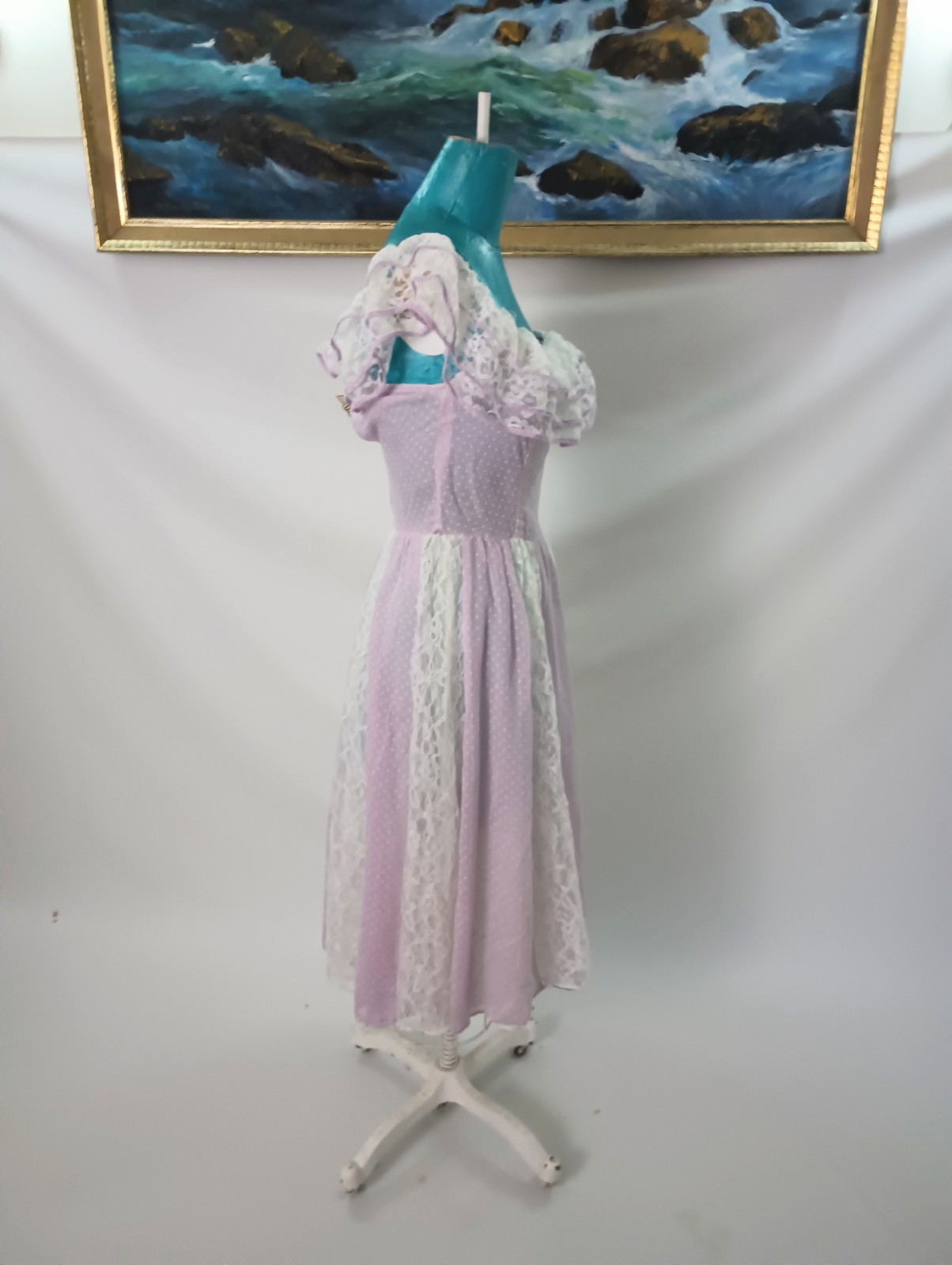 Soft Purple Lilac Cottagecore Polka Dot And Lace Vintage 1970s Dress Small XS