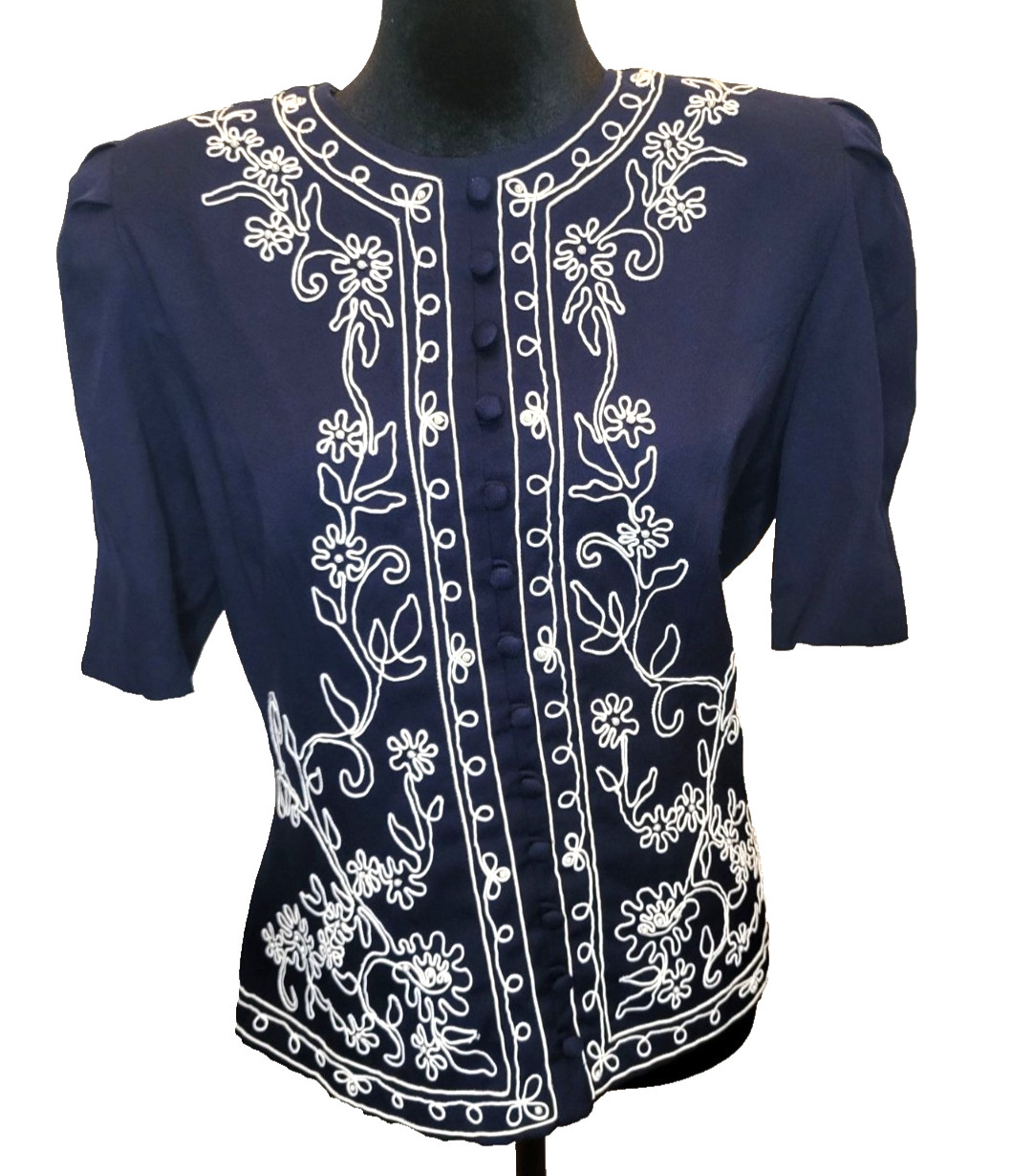 Karin Stevens Vintage 90s Does 40&rsquo;s Navy Blouse Embroidered Beaded 14 Nautical