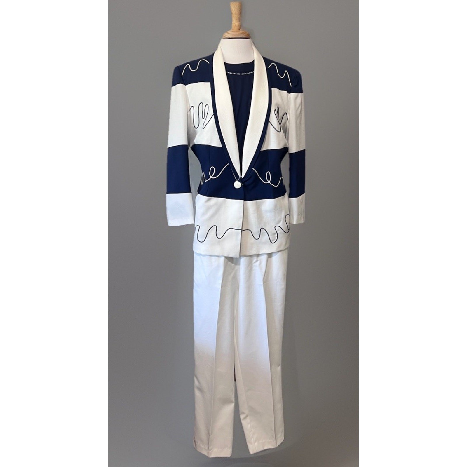 JOYCE 3Pc Pant Suit Blazer Pants Top Navy Blue White Vintage 80s Grandma Glam