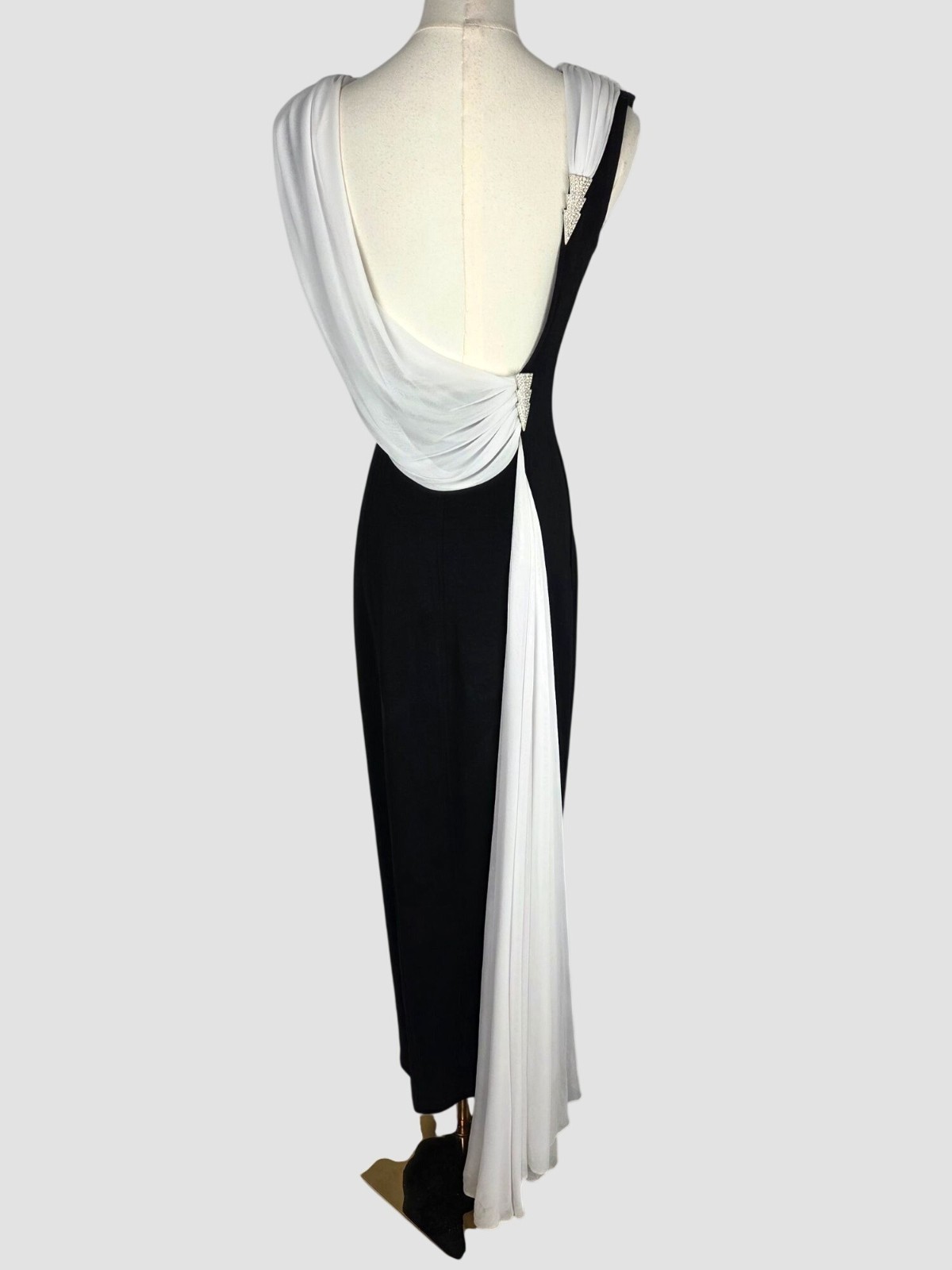 Vintage Cache Black White Evening Gown 90s Y2K Cowl Draped Open Back Formal XS