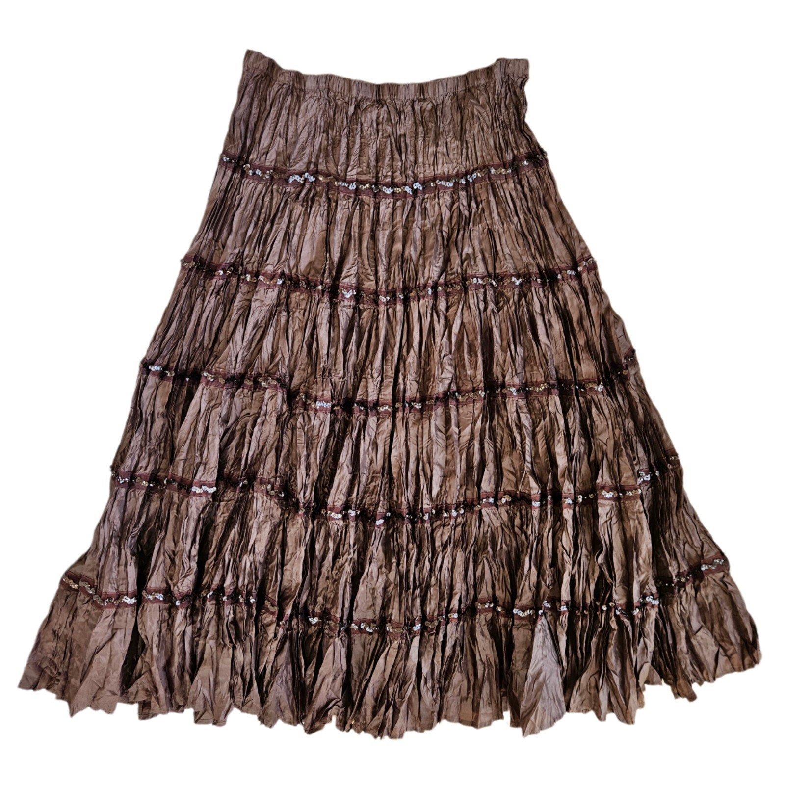 Vintage Y2k Deadstock Brown Flowy Boho Maxi Skirt Sequin Details Plus Size 1X