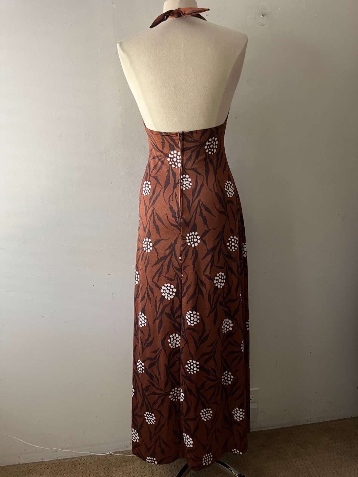 Vintage 70s Copper Rust Floral Halter Maxi Dress Boho Small Medium