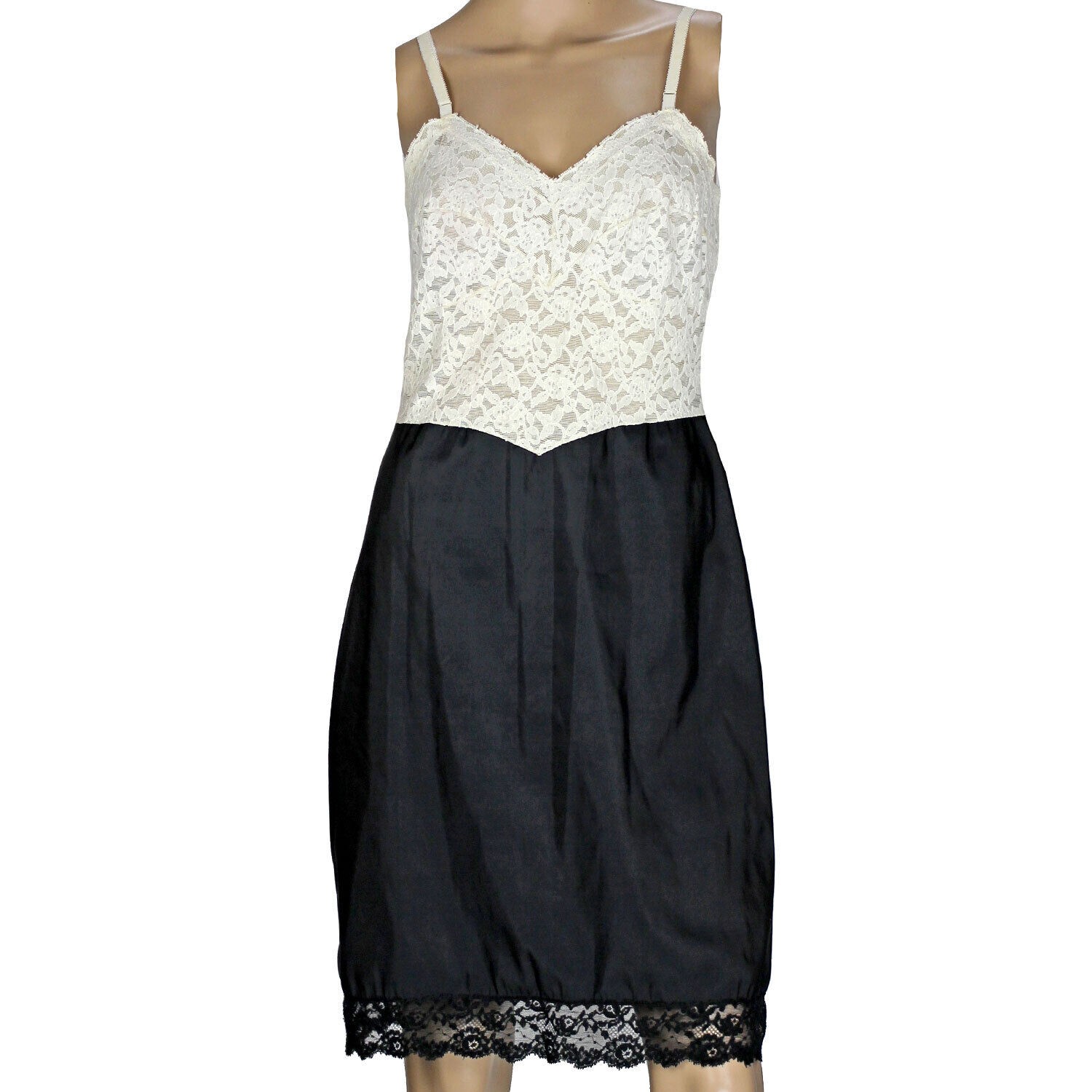 Vintage Warner&rsquo;s Compli-Fit Full Slip White Lace Black Taffeta 34