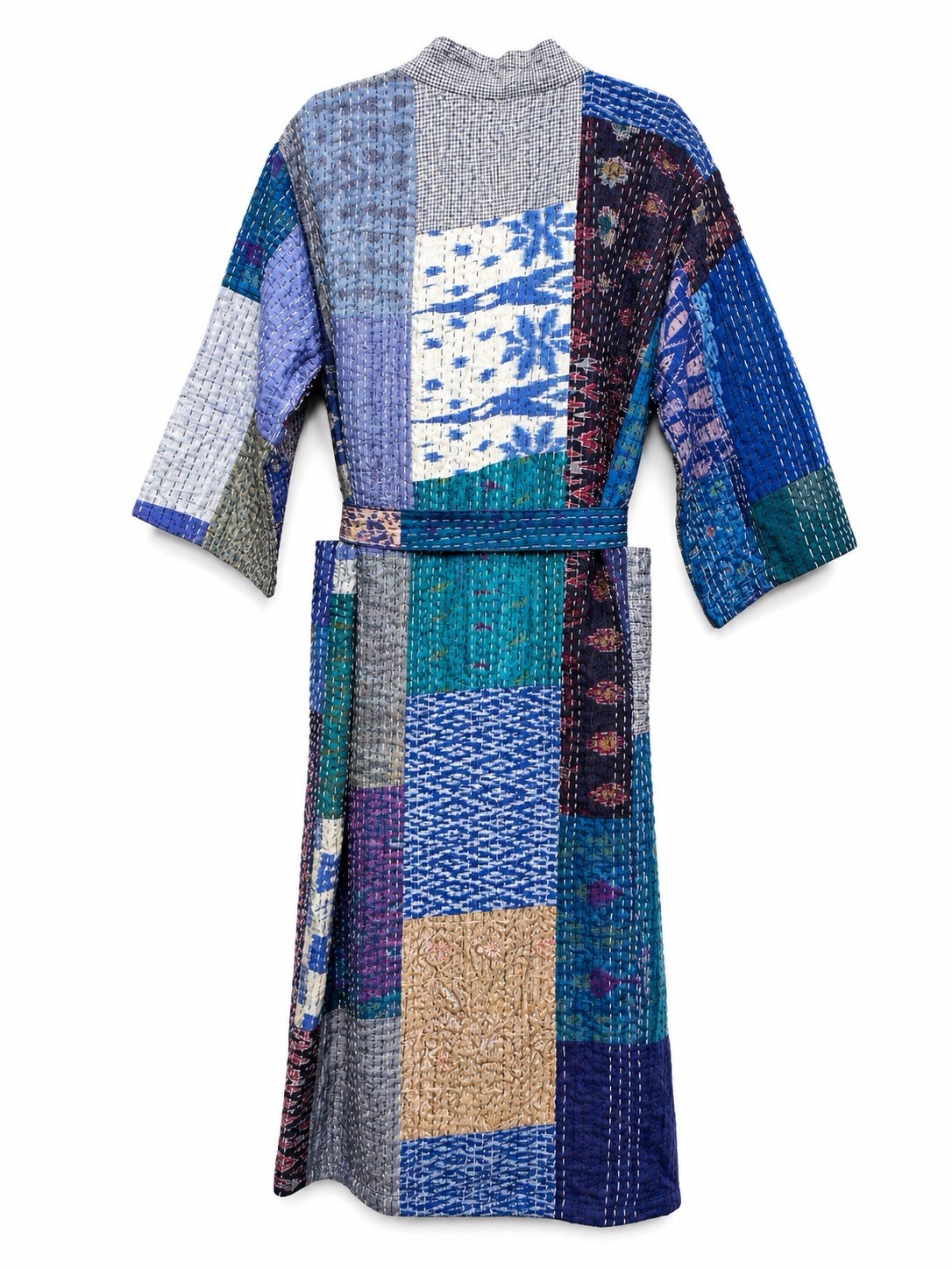 Vintage Silk Kantha Patchwork Robe Handmade Quilted Kimono Belted One Size