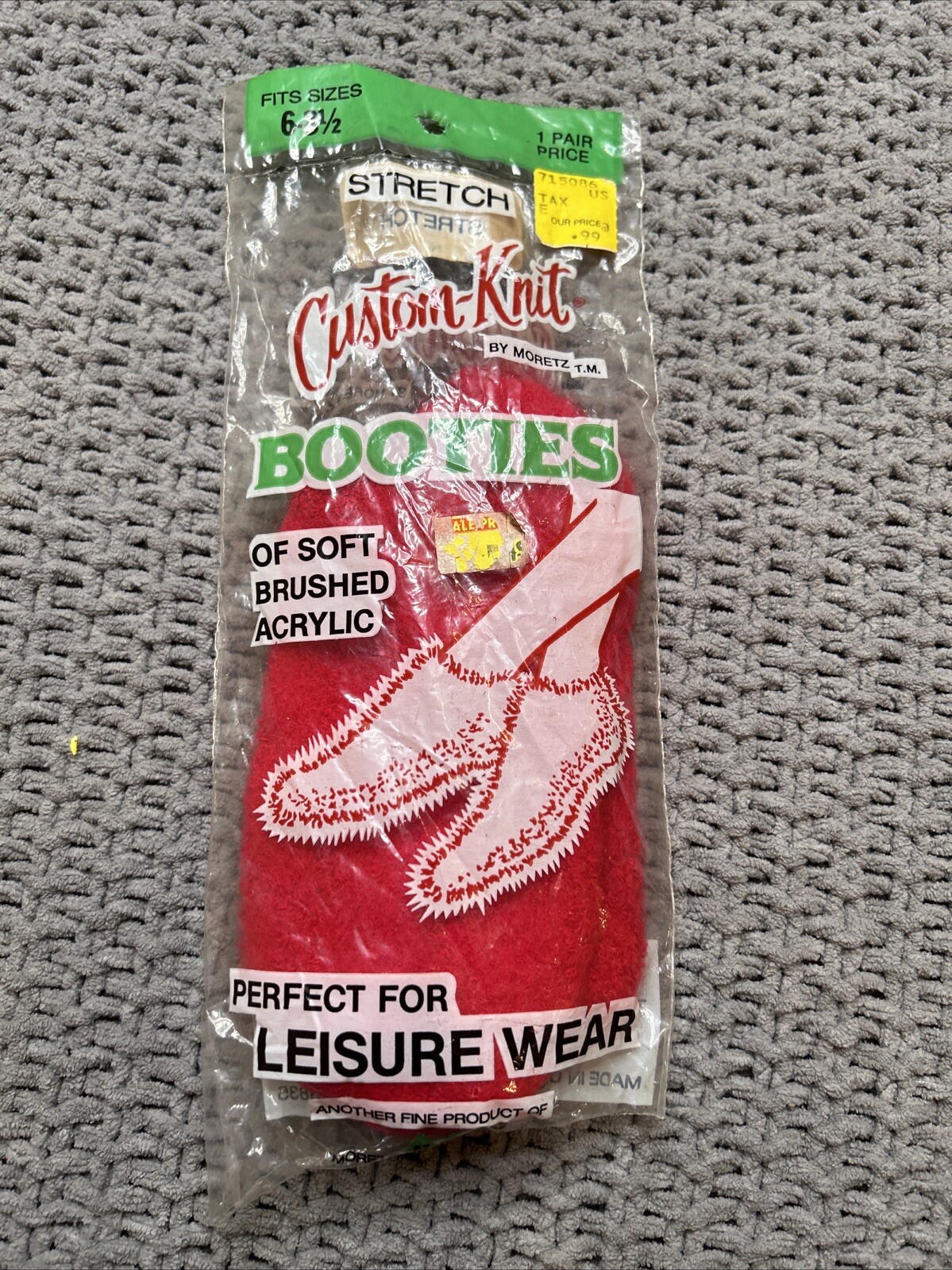 VTG Socks Fuzzy Booties Custom Knit 70s NOS 6-8.5 Shoe Size Red Acrylic USA