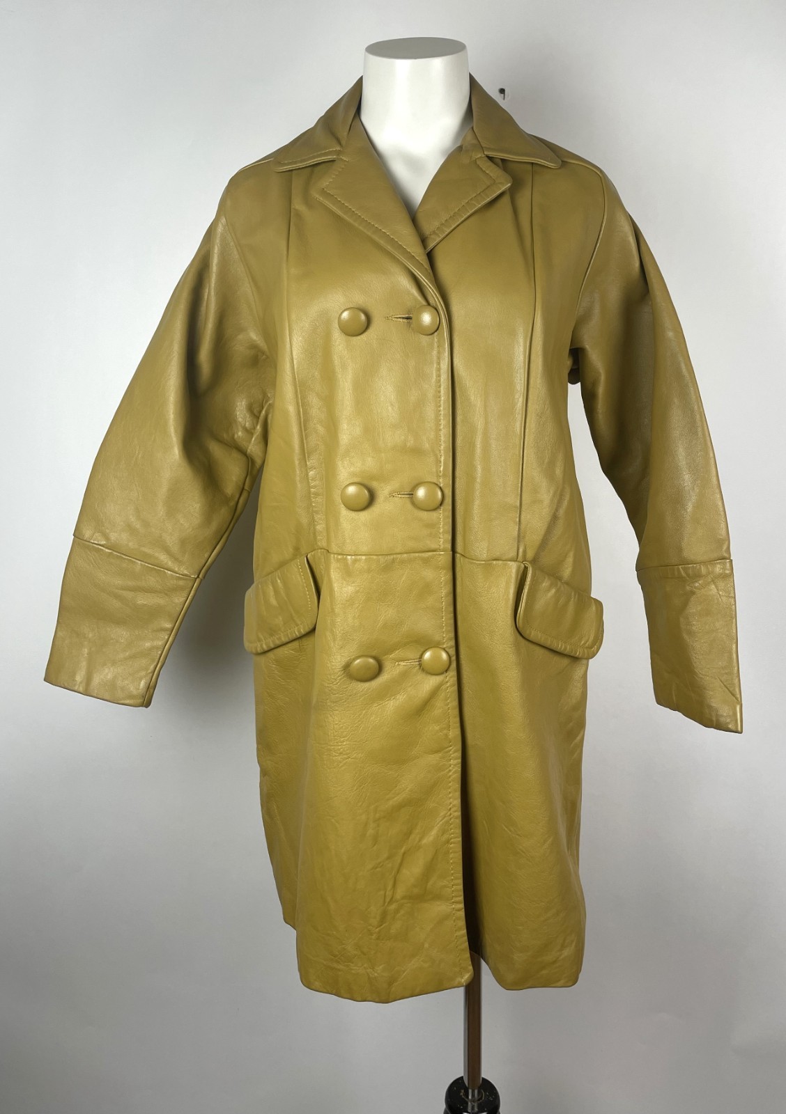 Vintage 70s Mustard Yellow Mod Leather Trench Coat Size M/L 38&Prime; Bust