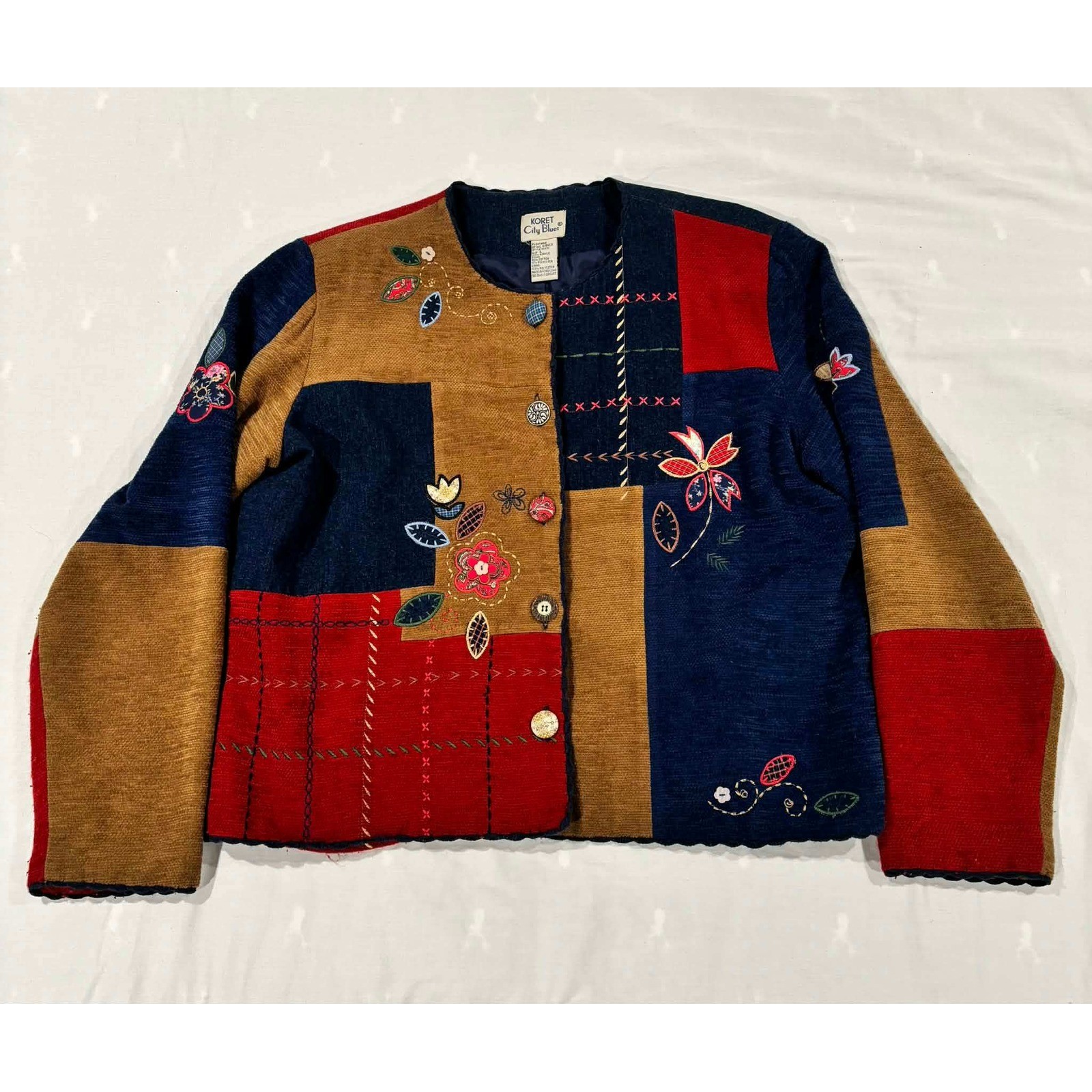 Koret City Blues Vintage Patchwork Embroidered Jacket Blue Red Tan Large