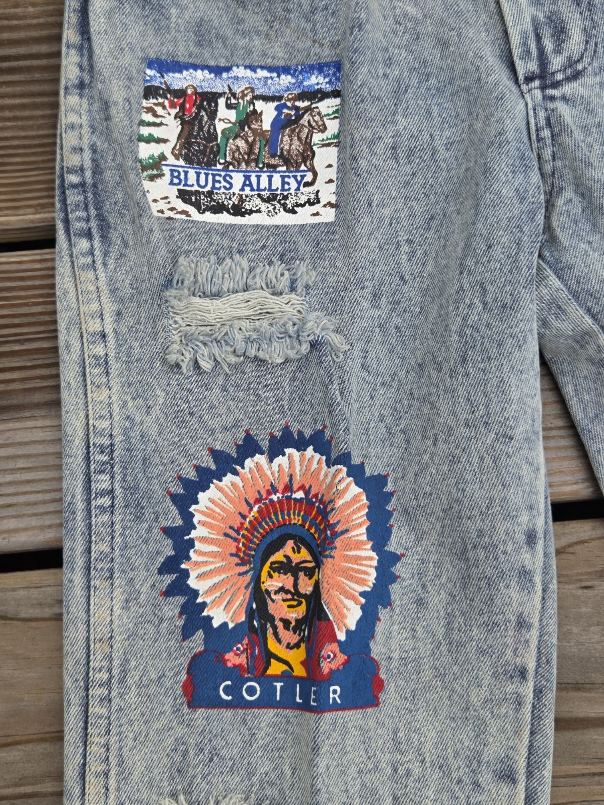 🐲Vintage Acid Wash Patchwork Jeans Womens 80s Dragon Biker Distressed Denim🐲