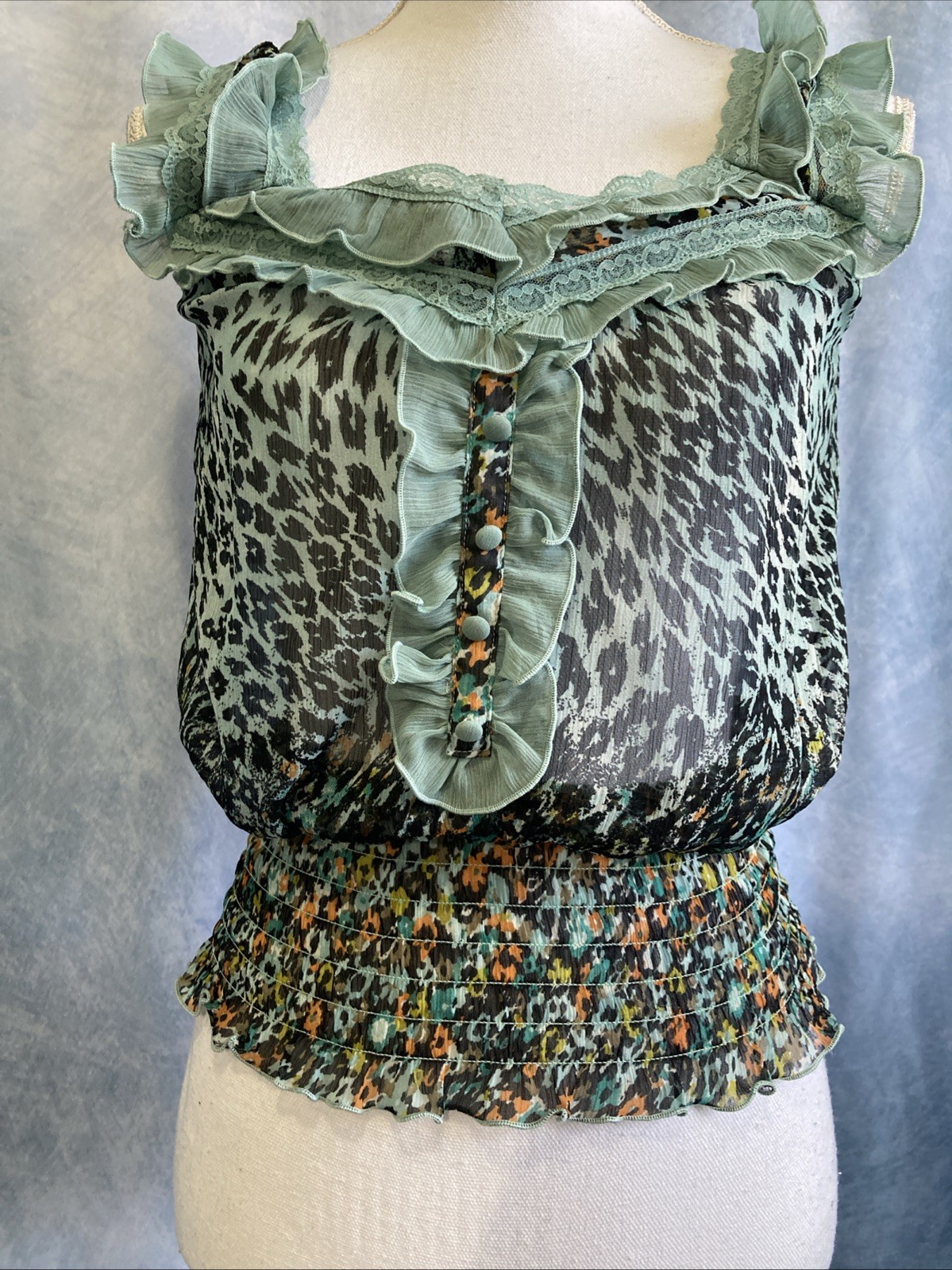American Rag XS EUC Mint Green Leopard Print Sheer Ruffle Smocked Boho Top Y2K