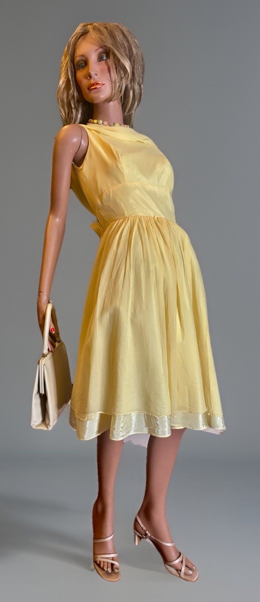MCM Yellow Chiffon Mod Party Cocktail Dress Fitted Empire Waist/Full Skirt/Bow S
