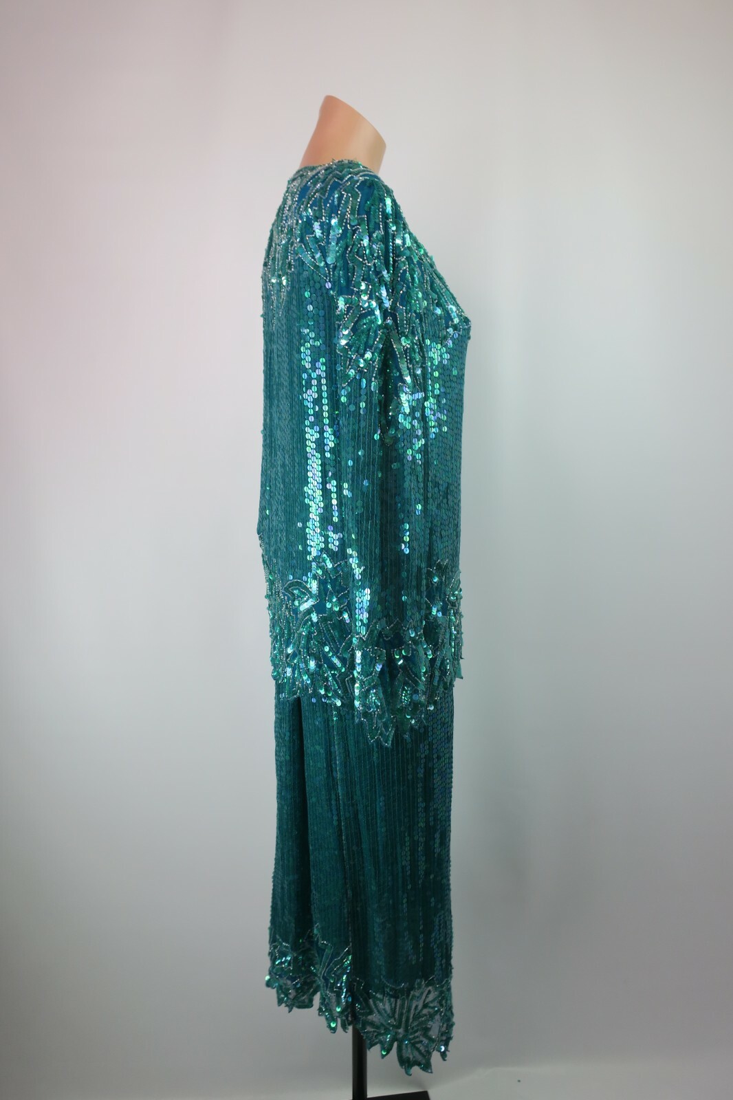 VTG Scala Gatsby Flapper Evening Top Skirt Set Sequin Silk 2-PC Short Sleeve M