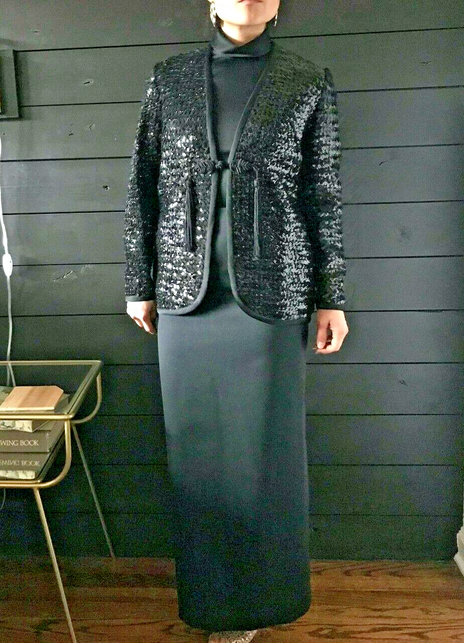 Vintage 1960s Black Sequin Jacket and Maxi Dress Set XS Evening Glam