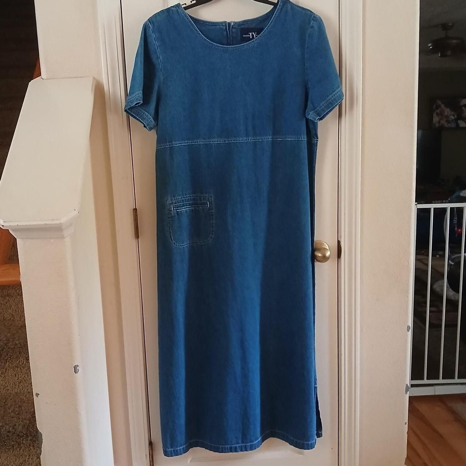 Y2K 90s Vintage Modest 100% Cotton Denim Maxi Dress Pocket Zip Back L Teacher