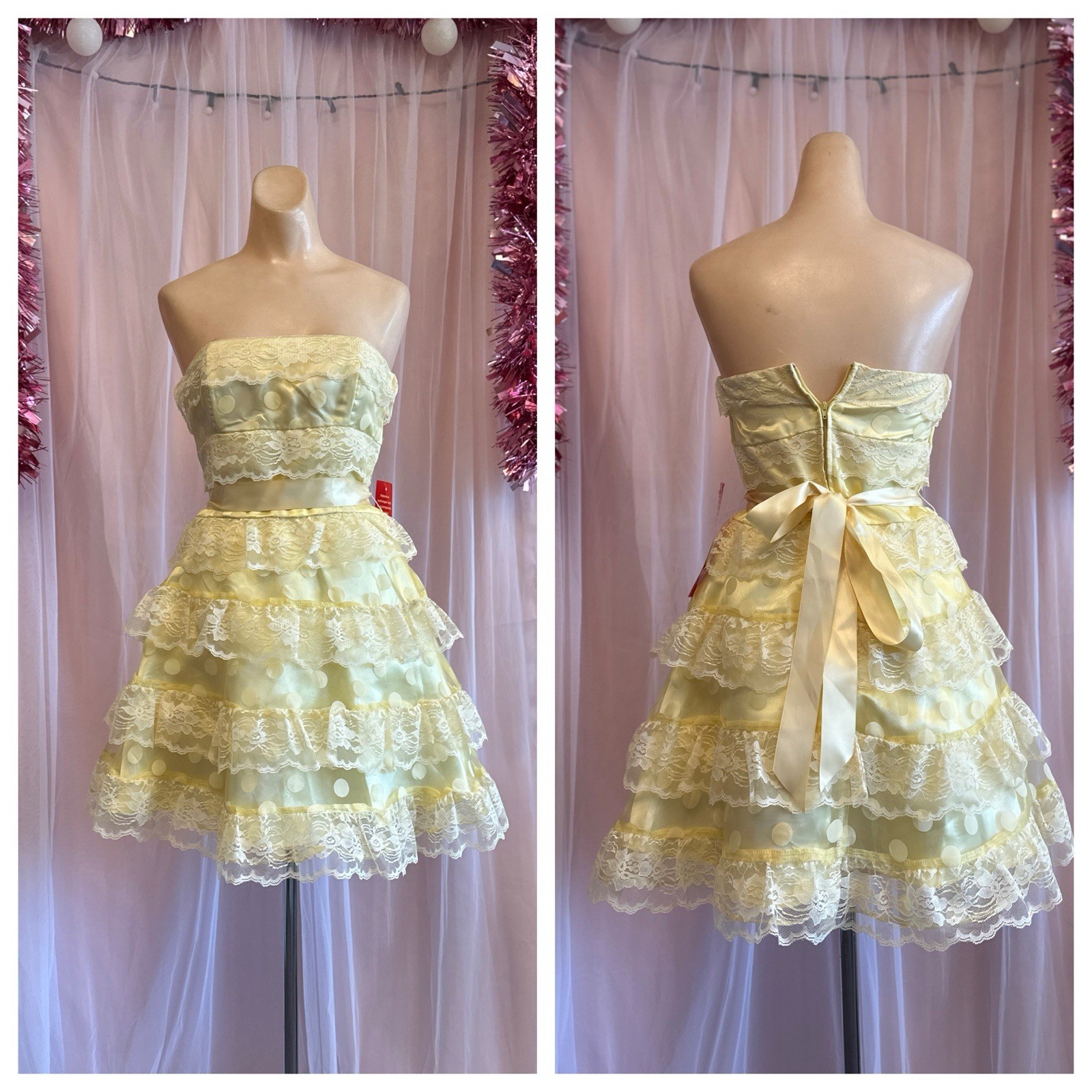 Vintage 90s Frilly Lace Strapless Mini Dress Cupcake Fit Flare Prom HoCo NWT XS