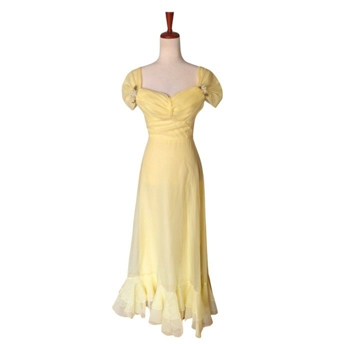 Vintage 70sButter Yellow Chiffon Sweetheart Ruffle Hem Prom Dress Size 7/8
