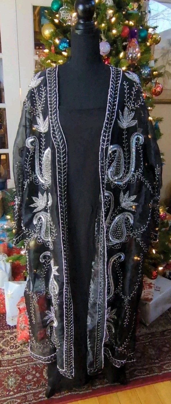Vintage 80s Tan Chho Black Beaded Sequin Duster Dress 4 Piece Set, Women&rsquo;s 2X