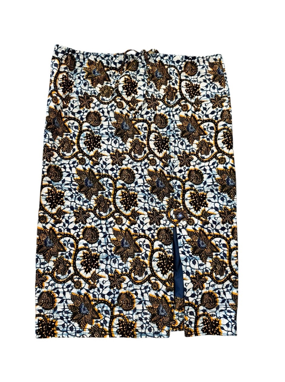 African Ankara Wax Print Blue Skirt Cotton XL Drawstring A-line Tribal Boho