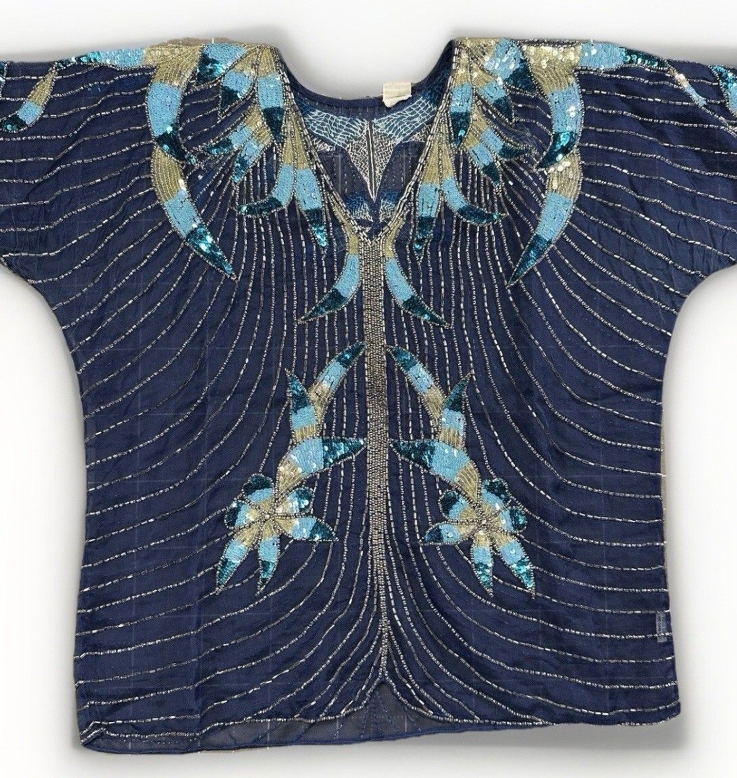 VTG 80s Boho Luxury Beaded Sequin Silk Blouse Blue Butterfly Art Deco Glam Top