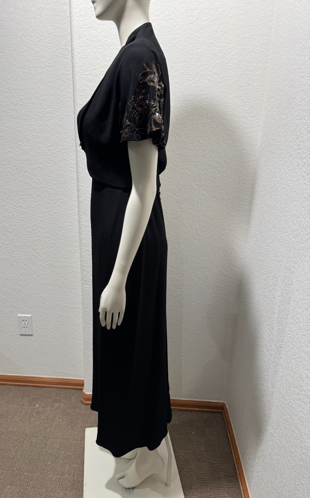 Eisenberg Maxi Dress Jacket Sequin Embroidered Rayon 2PC Formal Black 1940s Sz S