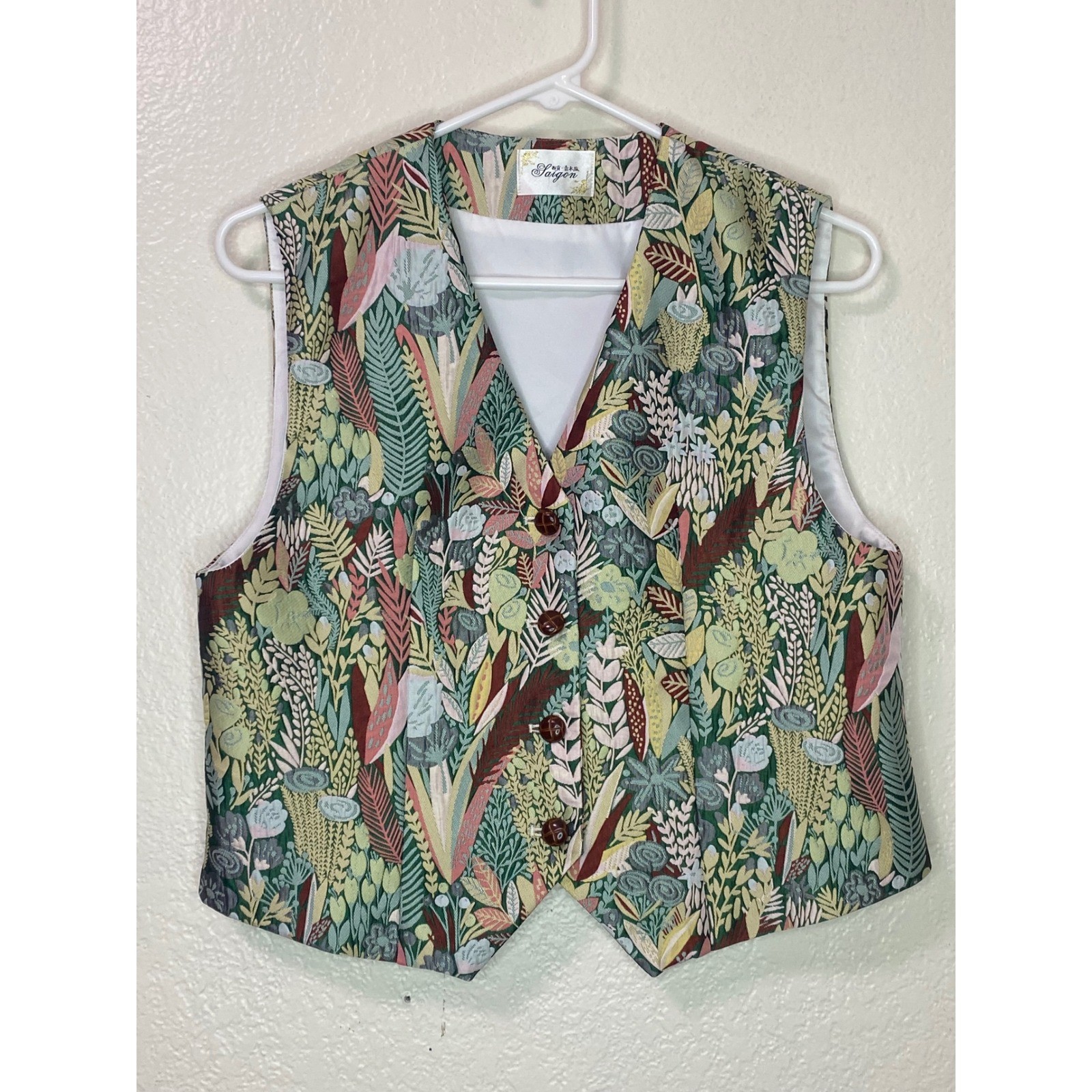 Vintage Saigon Tapestry Vest Botanical Leaf Print Waistcoat Button Up Small