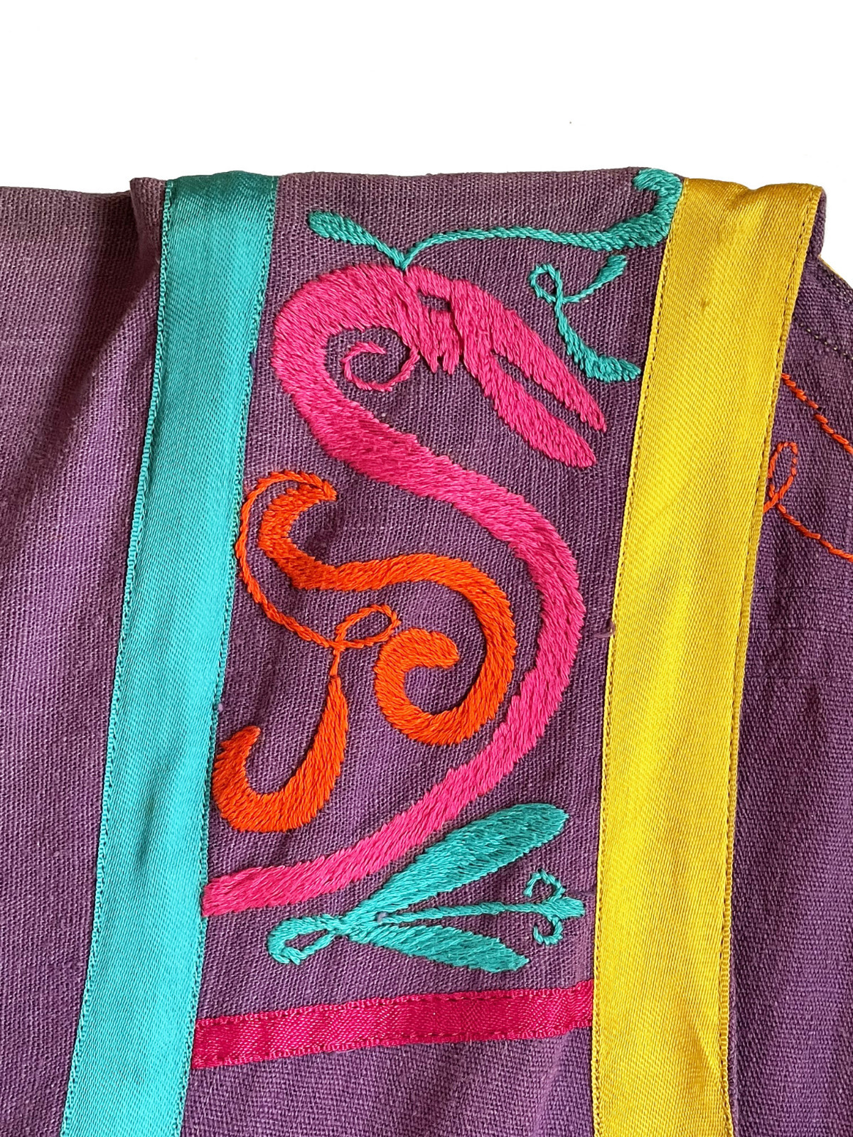 JOSEFA Caftan Duster Robe Purple Embroidered Cotton Mexican Vintage Size S