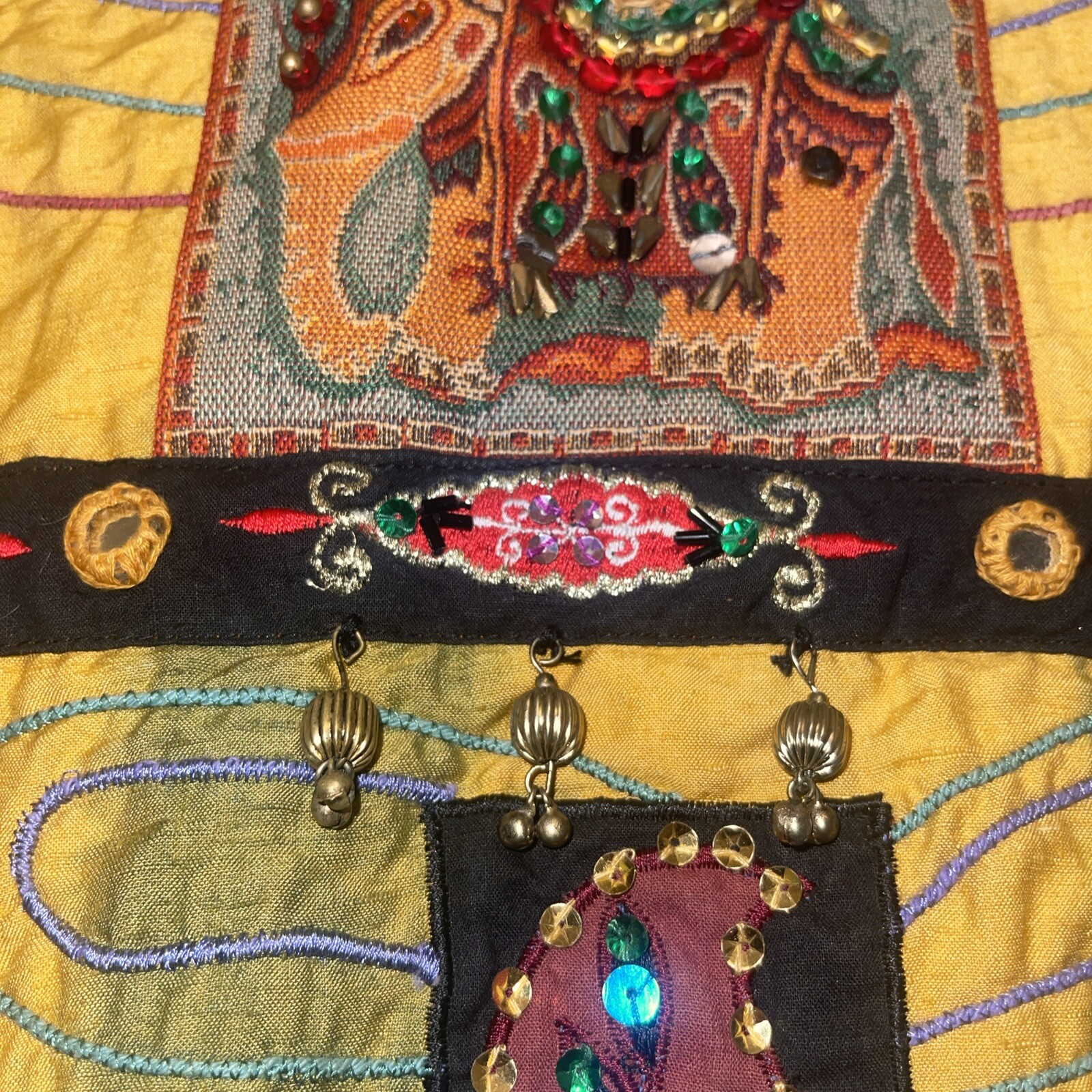 Anage Art To Wear Silk Applique Jacket L Sequined Paisley Boho Festival Vtg