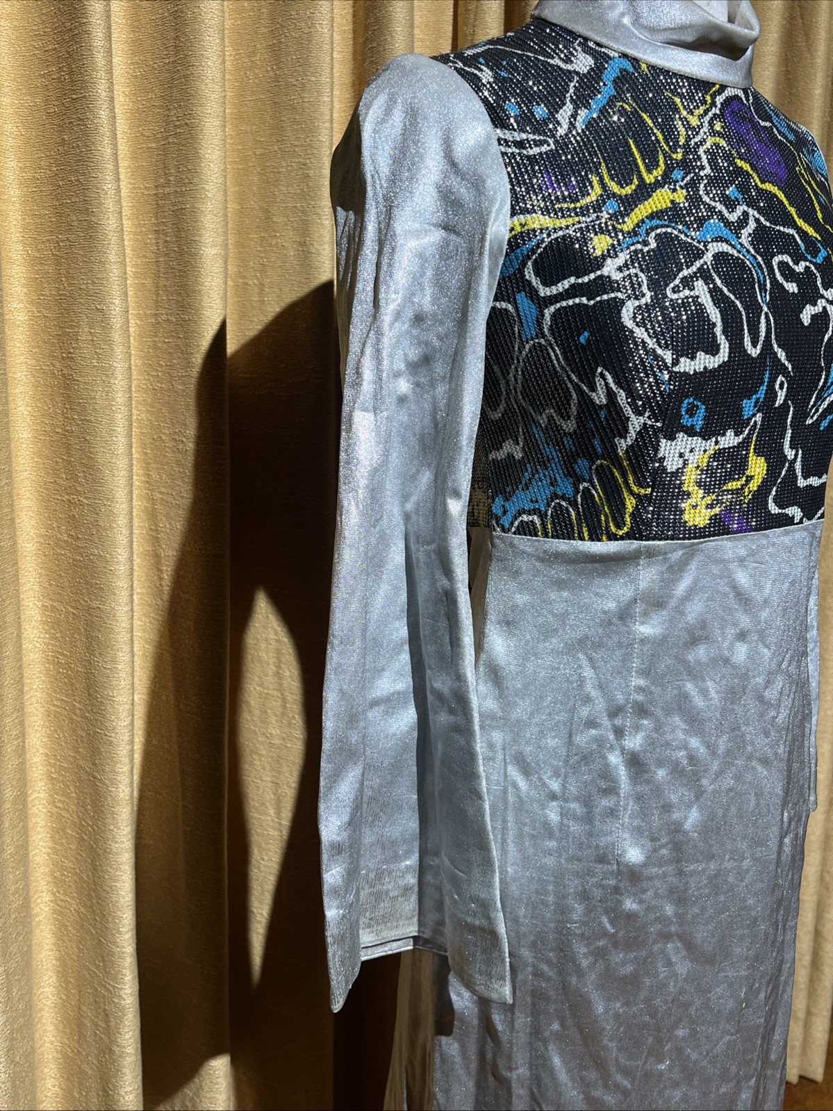 Vtg 1960s Liquid Silver Psychedelic Space Age Disco Maxi Dress With Bell Sleeves