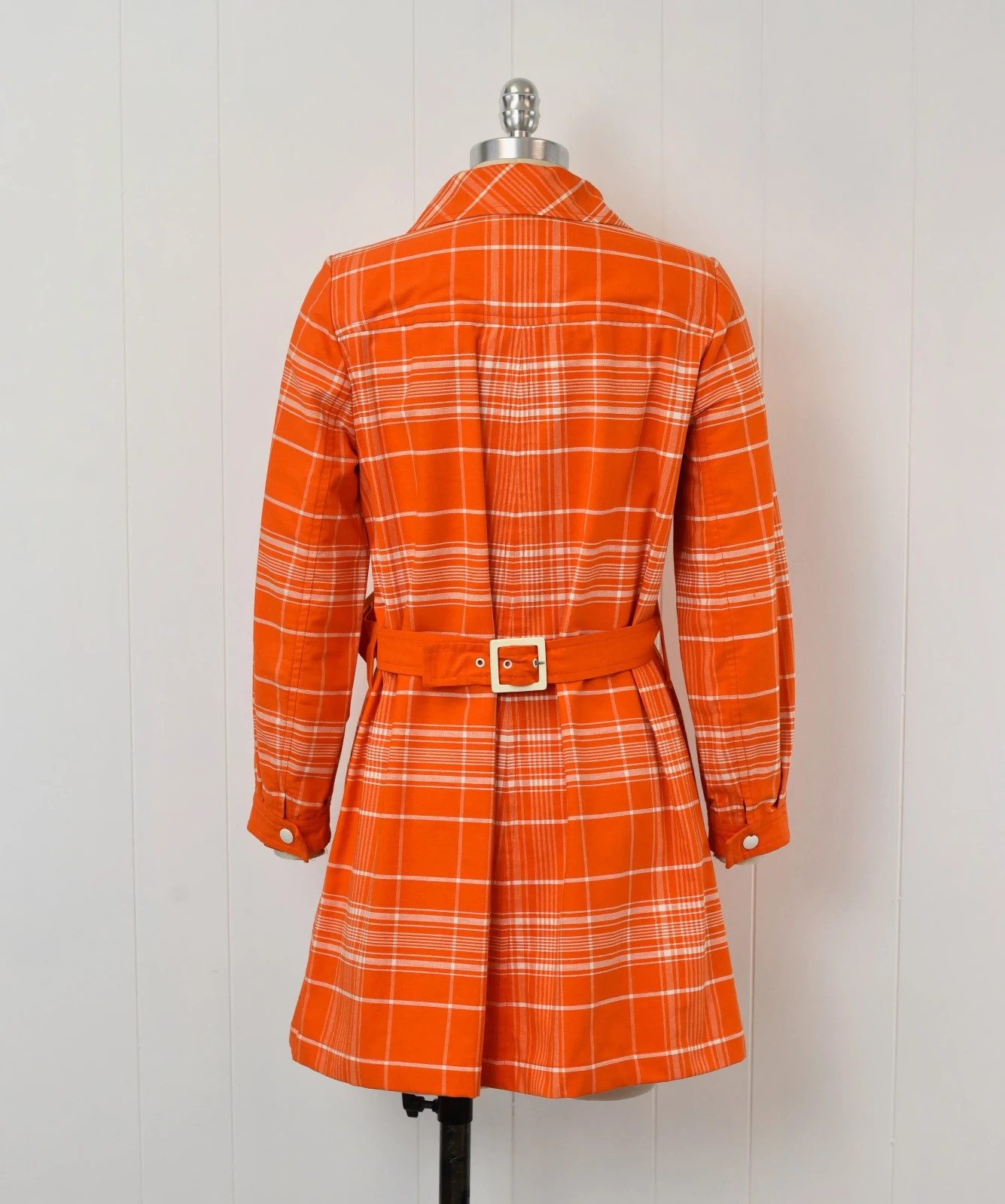 1970s Courreges Hyperbole Orange White Plaid Cotton Coat Jacket Dress