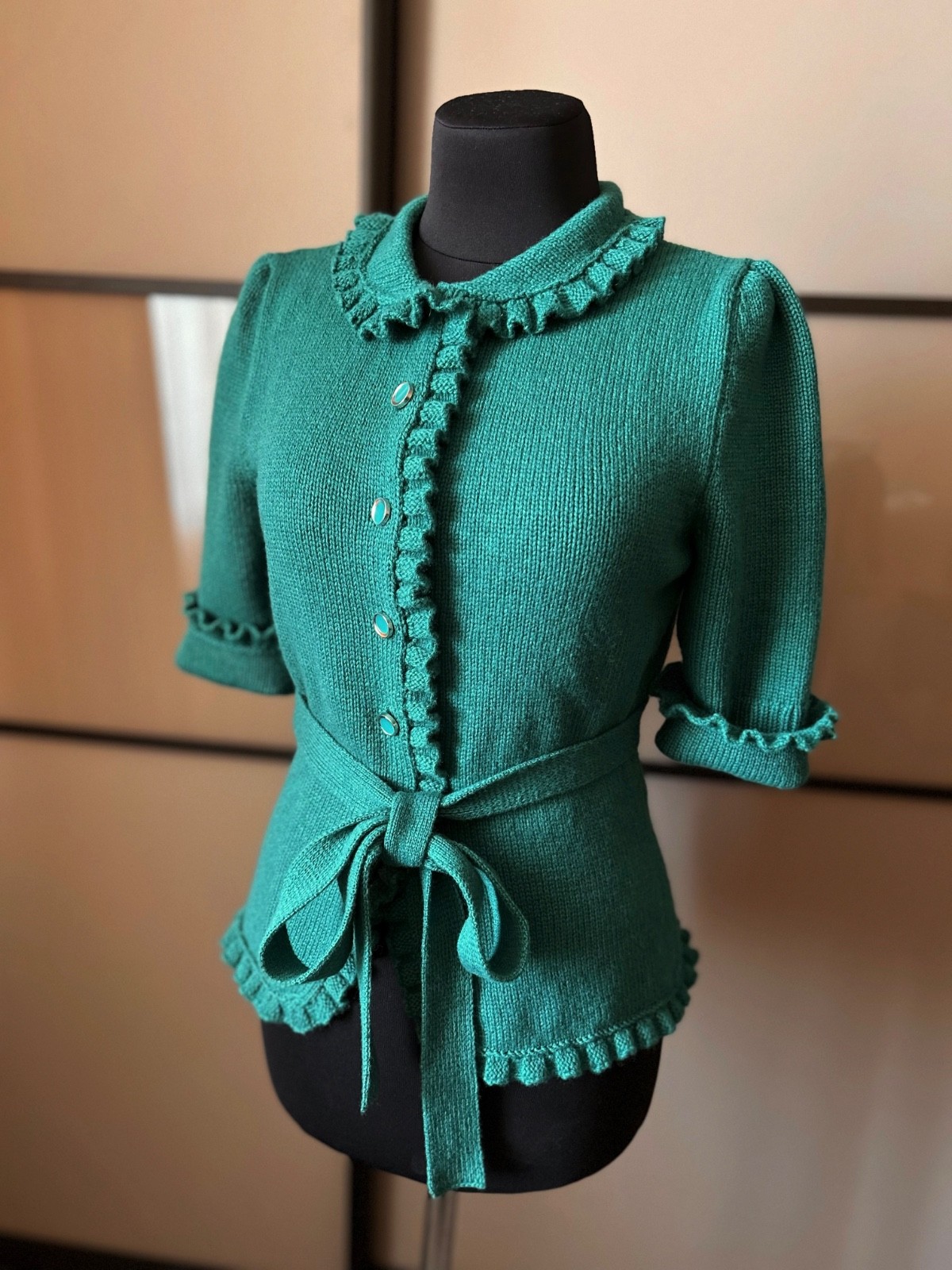 Wool Cashmere Knit Cardigan, Wool Sweater, Handmade Vintage Green Belted Blouse