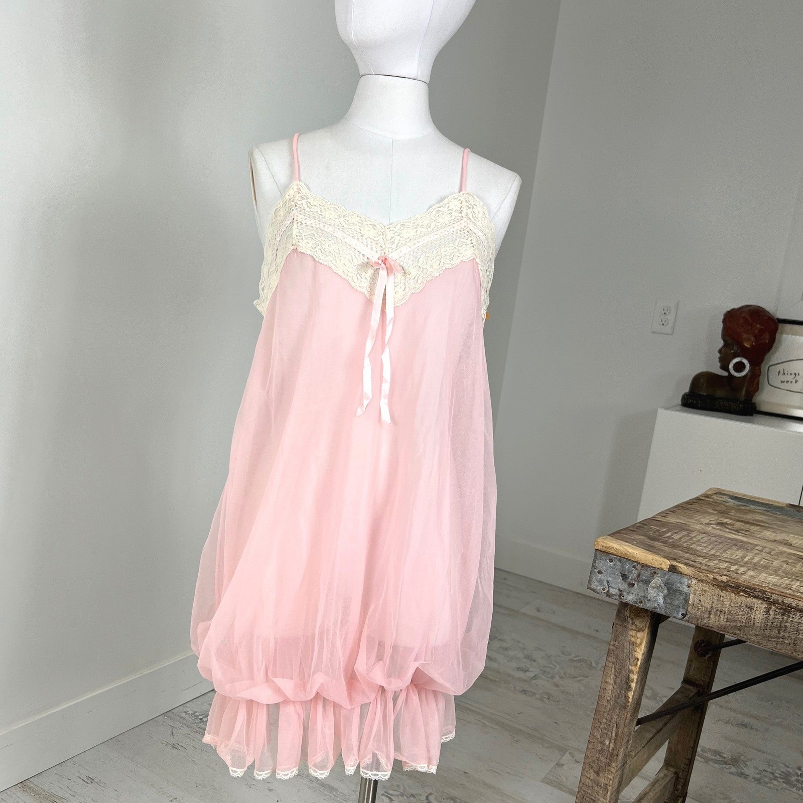 Petra Fashions Vintage Pink Lace Babydoll Nightgown Sheer Ruffle