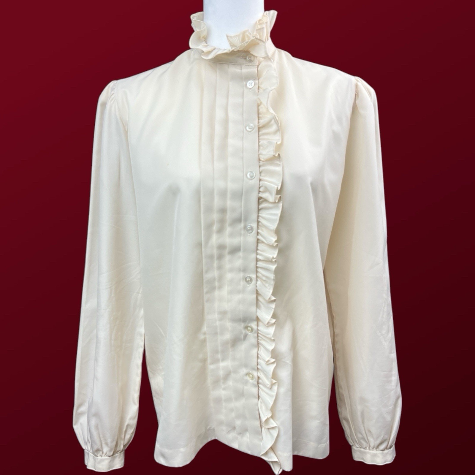 80&rsquo;s Vintage Cream Pleated Ruffle Tuxedo Side Button Ruffle Neck Blouse Top 16