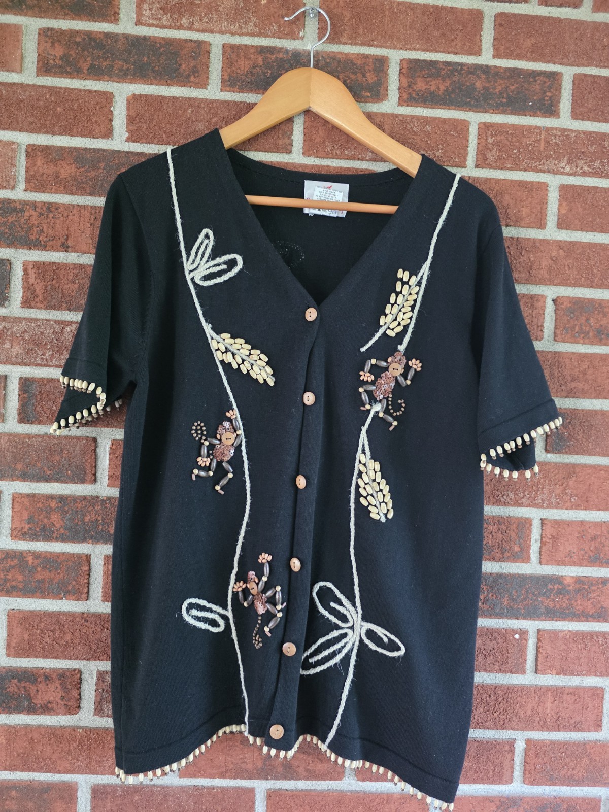 Vintage Eclectic Hand Embroidered Beaded Button Top Size L Artsy Boho Monkey