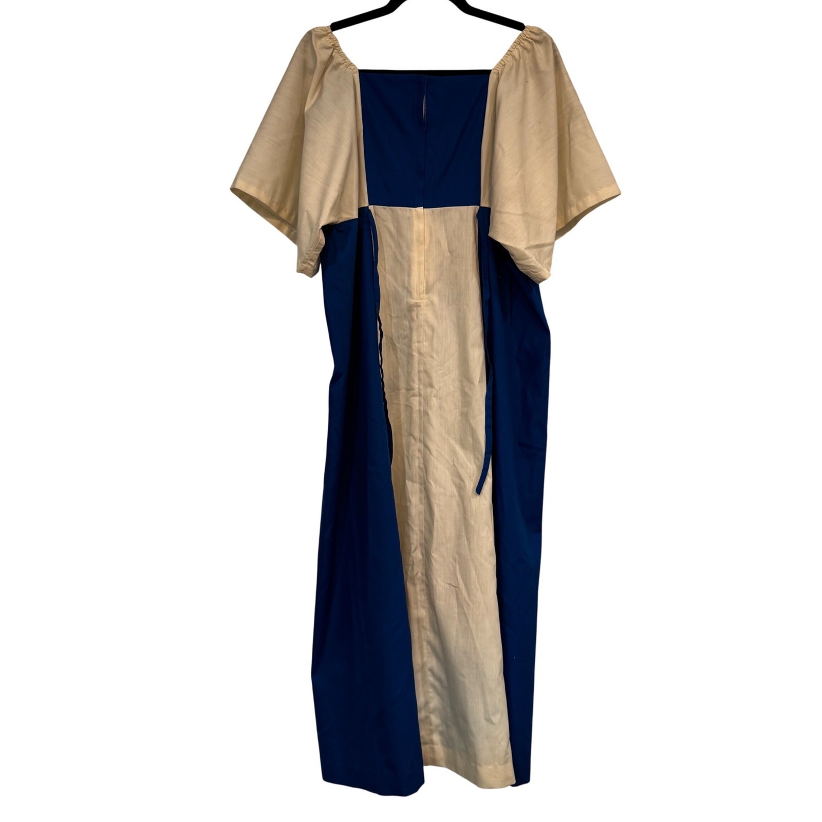 RARE Vintage Haruko Hawaii Hand Painted Floral Bamboo Maxi Dress Blue Cream SM