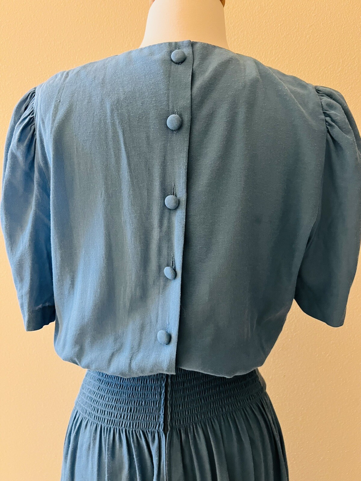 Vintage 80s Does 40s Karin Stevens Rayon Dress Light Blue Pearl Size 8