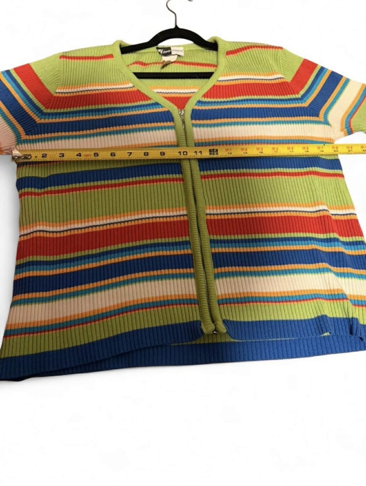 Y2k Vintage Beldoch Popper Multicoloured Short Sleeve Striped Zip Up Sweater