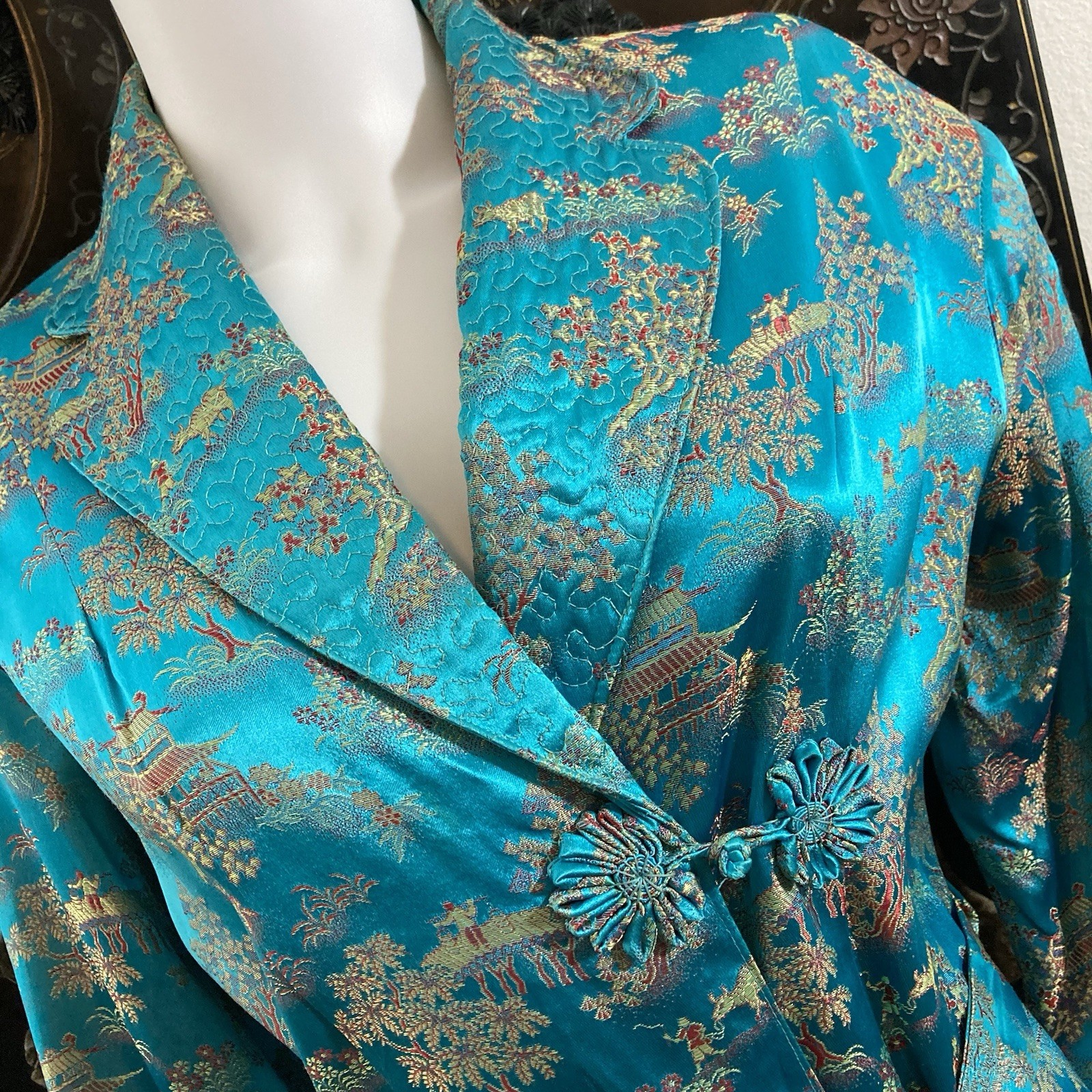 Vintage Blue Brocade Asian Robe, M. M. Comfort Wear, Made In Hong Kong