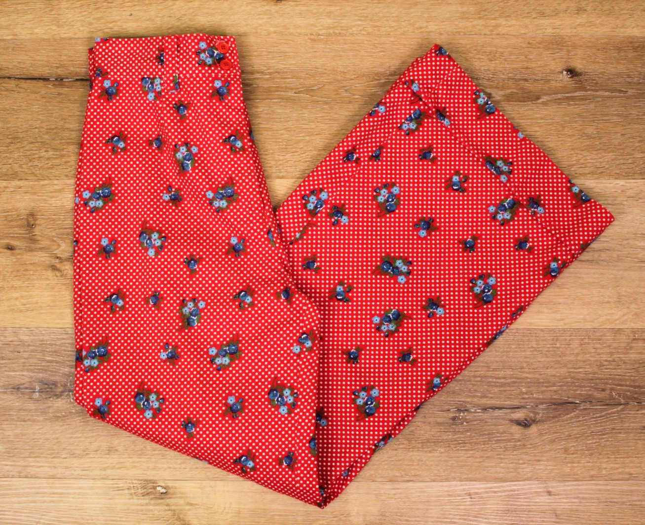 VTG Women&rsquo;s 70s Red Polka Dot & Blue Floral Bell Bottom Pants Sz 29&Prime; / M 1970s