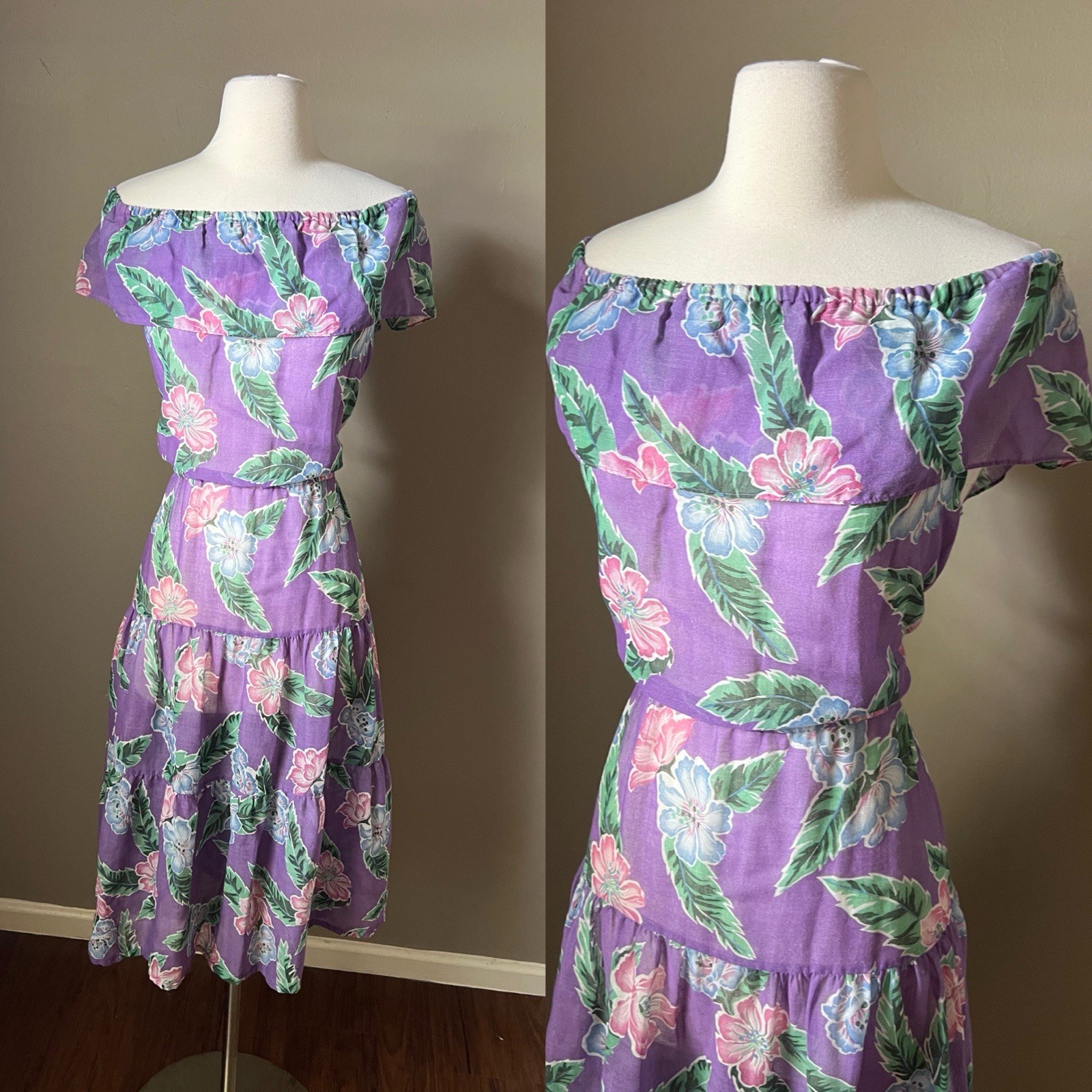 Vintage 60s 70s Sears Floral Dress Off Shoulder Ruffle Tiered Cottage Prairie