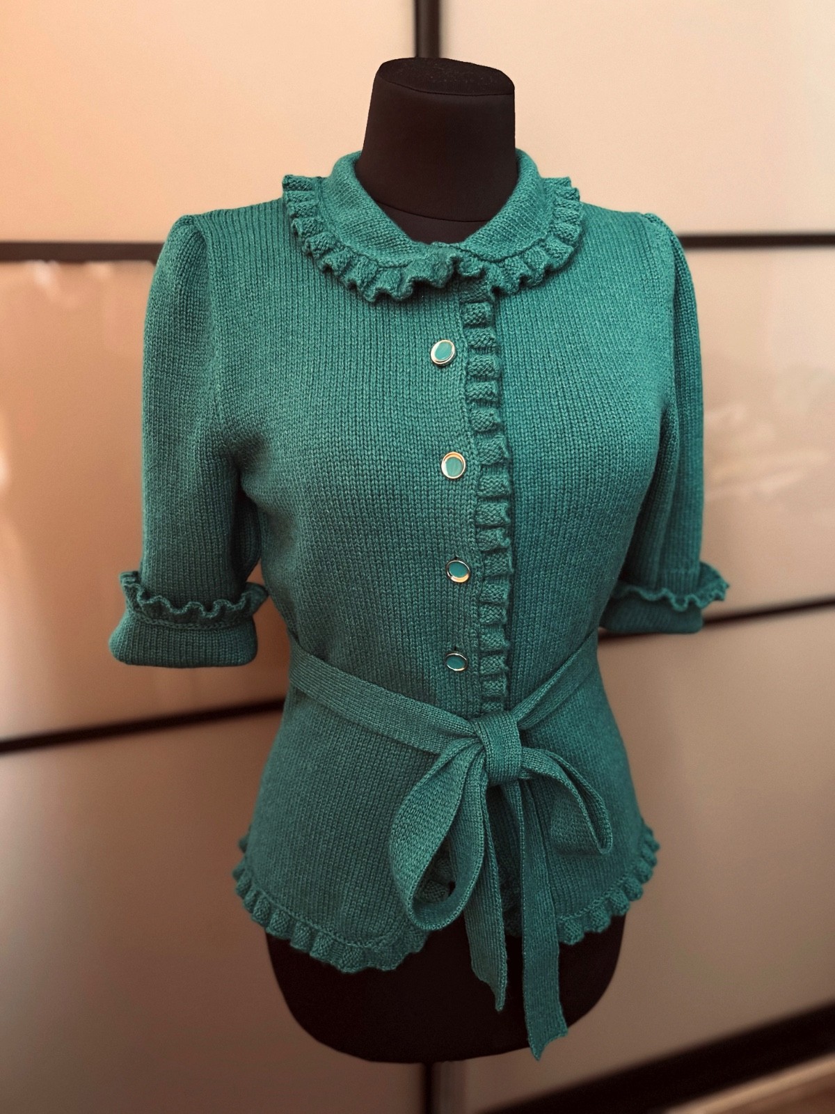 Wool Cashmere Knit Cardigan, Wool Sweater, Handmade Vintage Green Belted Blouse