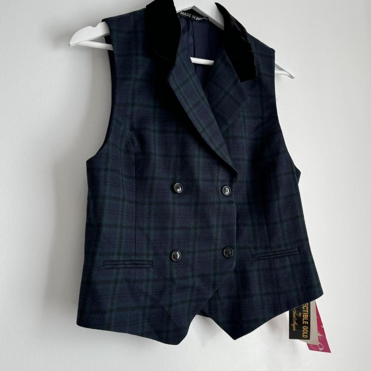 Giorgio Sant’Angelo Tartan Plaid Wool Vest Velvet Collar Double Breasted Sz M