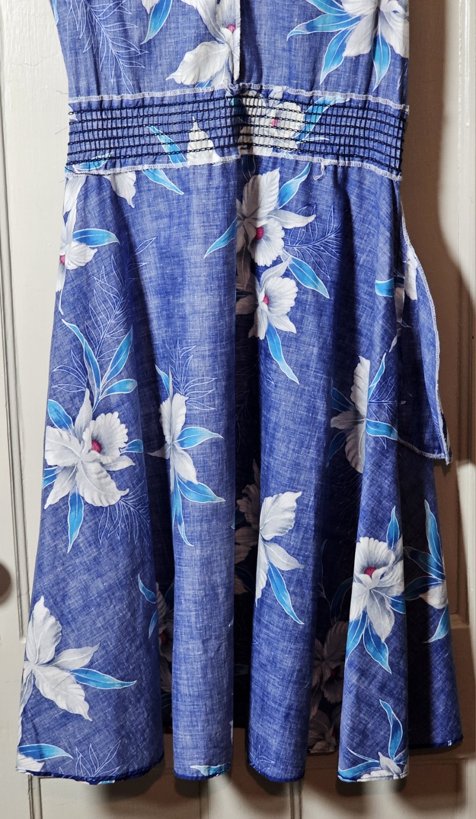 VGT 90s Banana Bay Dress Size M Blue Cotton Tropical Floral Hawaiian Hibiscus