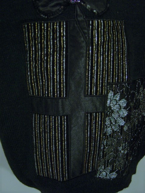 VINTAGE 80s GLAM BLACK SEQUIN SATIN LACE EMBELLISHED CHRISTMAS PRESENT SWEATER M