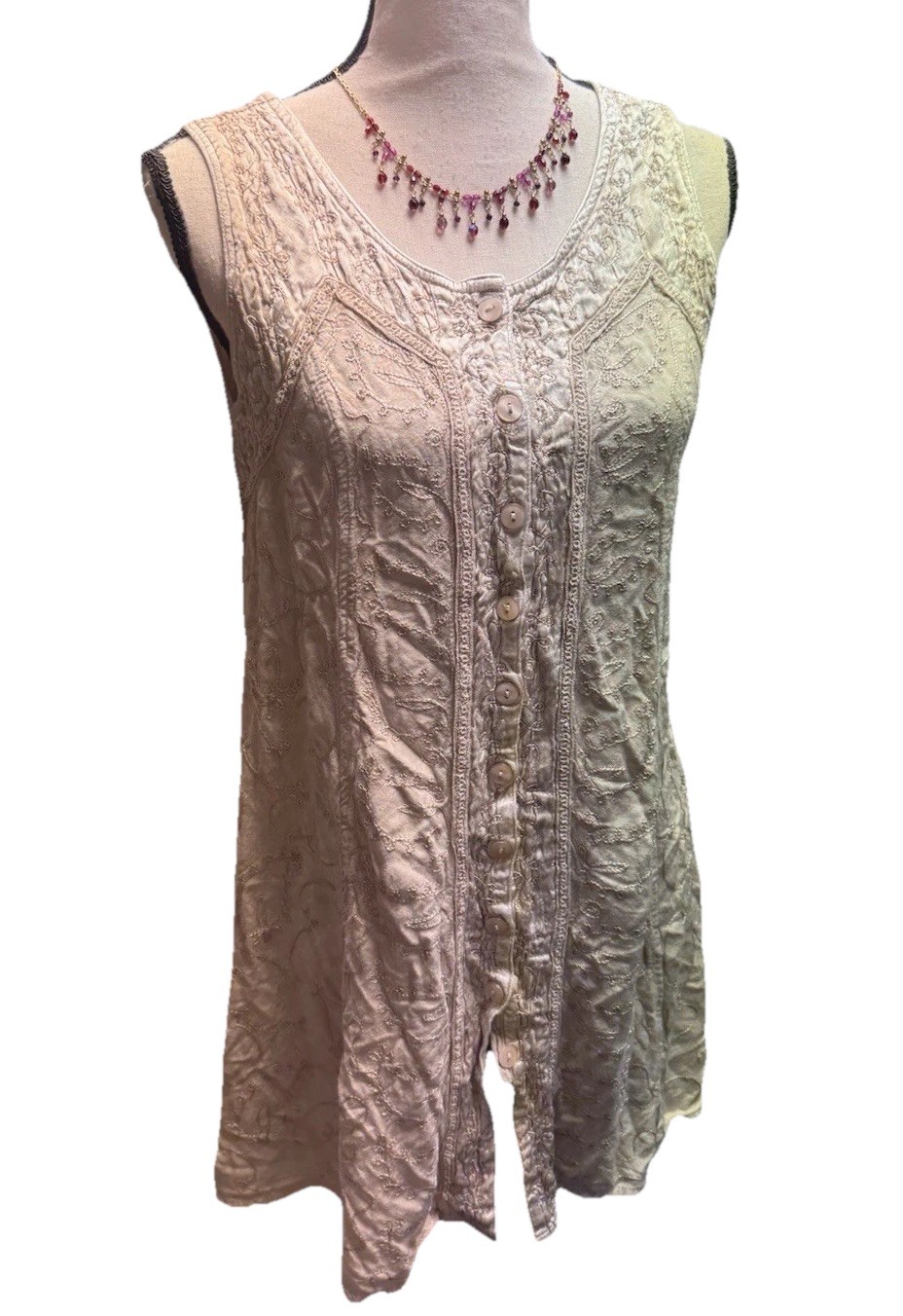 Vtg Boho Embroidered Button Front Tie Back Mini Dress Tan Beige One size Hippy