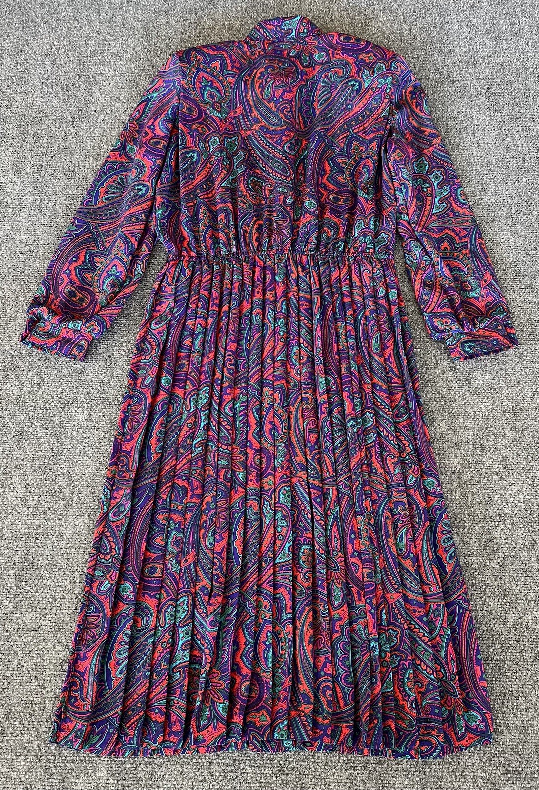 Lady Carol Petites VTG Dress Red Blue Neon Pleated Belted Hippy Fairy Size 10