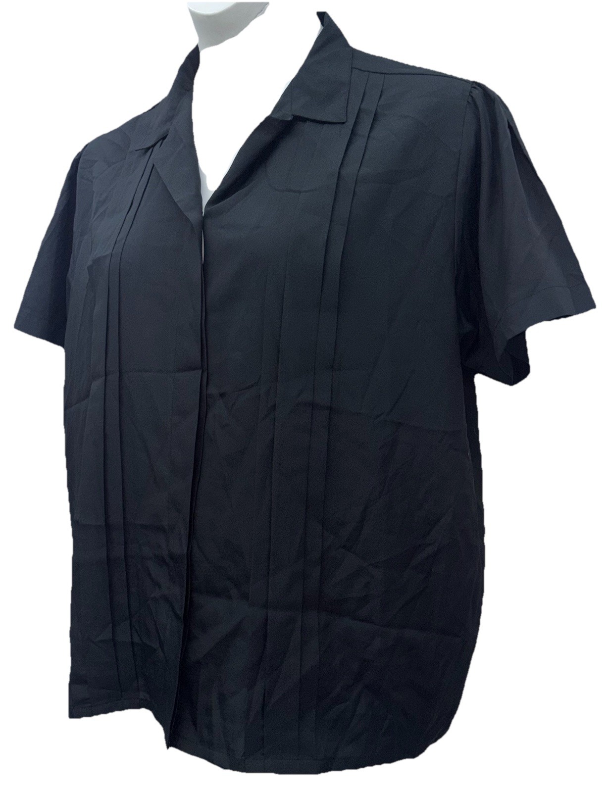 Vintage Cachet Women Size XL Button Up Short Sleeve Collared V-Neck Blouse Black