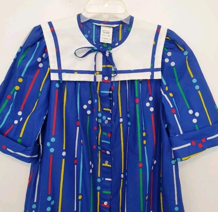 Vtg Models Coat Sz 10 Blue Multicolor House Dress Sailor Collar Snap Front NEW