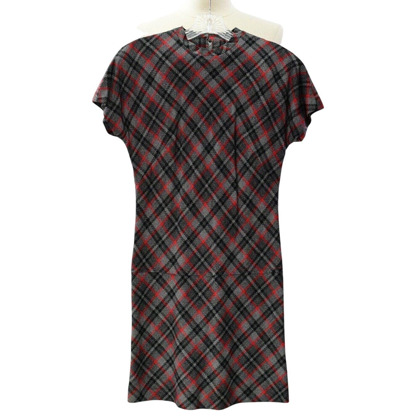 60s Vintage Plaid Schoolgirl Dress Womens S Dolman Sleeve Gray Black Red Mod
