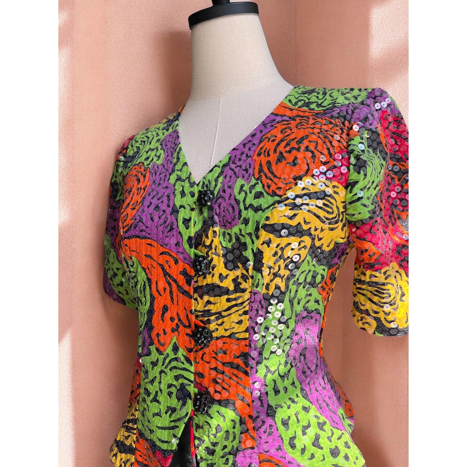 Vintage 80s Sequin Jacket Top | Neon Psychedelic Print Puff Sleeve Tailored |S/M