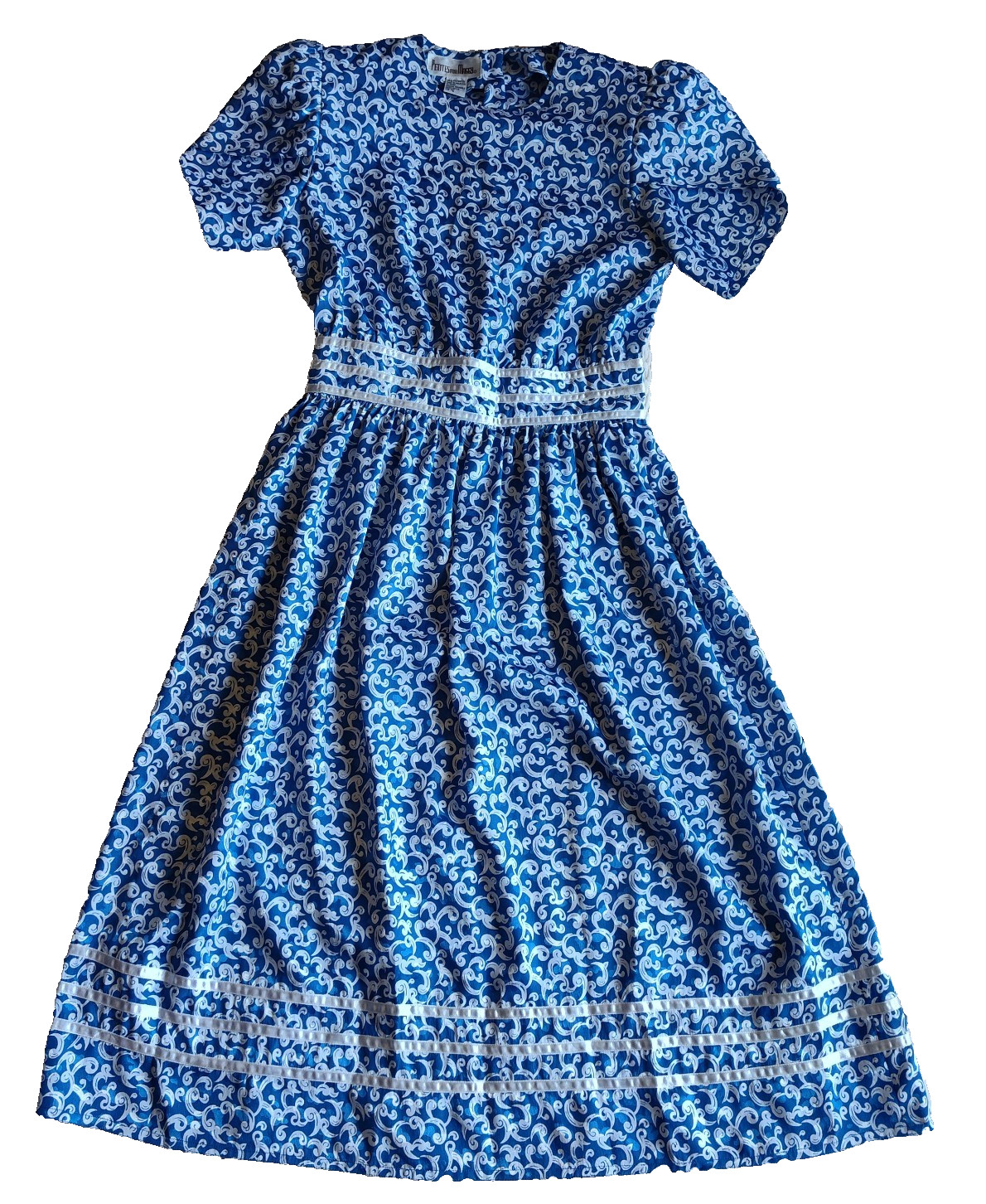 Vintage Size 8 Petites for Maggy Blue White Dress Striped Waist Hem 80s Office